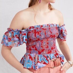 Love the Label Smocked Ruffle Floral Red and Blue Off the Shoulder Crop - Size M